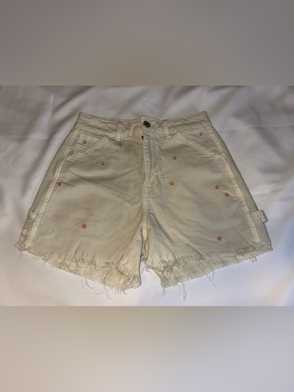 American Eagle Outfitters Cream Jean Shorts with Pink Embroidery